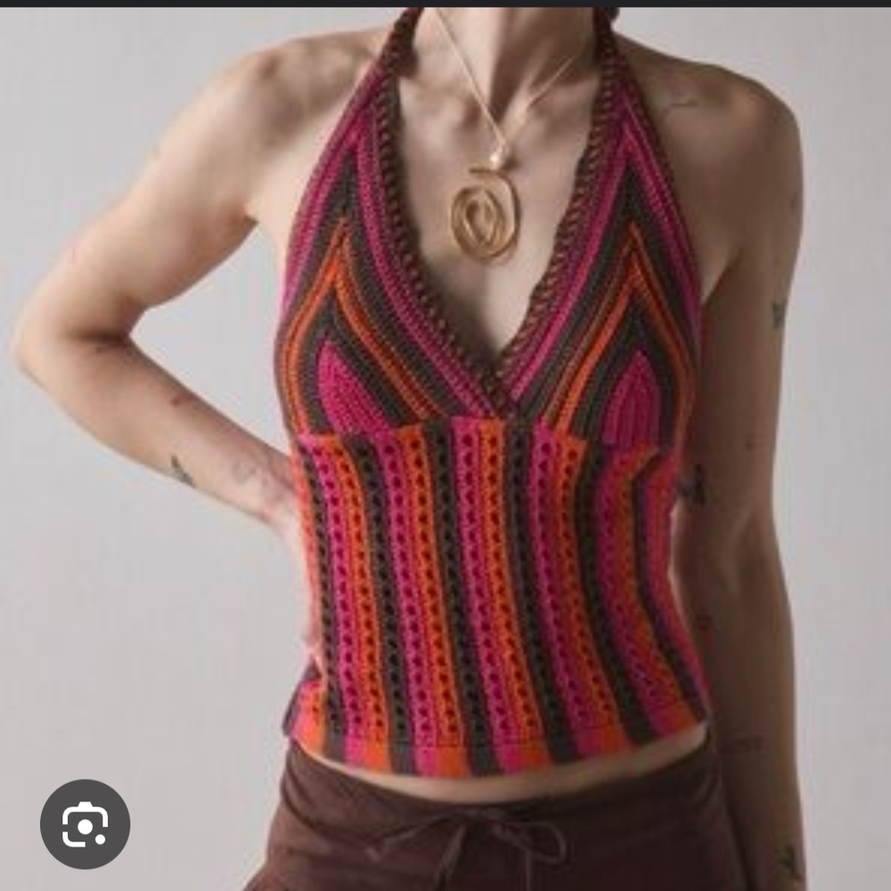 Kimchi Blue NWT UO Vibrant Halter Crochet Striped Knit Fitted Top M